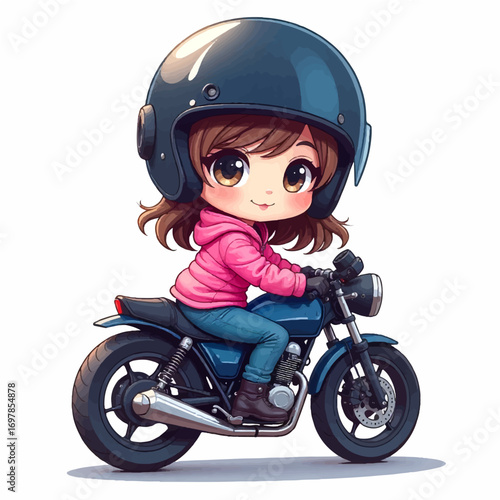 Joyful young girl in pink jacket and helmet rides a cool blue motorcycle with enthusiasm and a bright smile