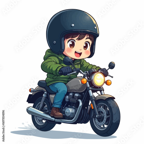 Joyful young rider in helmet and green jacket enthusiastically cruises on a stylish vintage motorcycle with bright headlights.