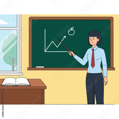 Cartoon illustration of a female teacher in a classroom pointing to a rising graph symbolizing growth and educational success