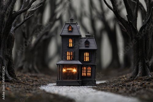 A small, dark gothic-style house stands in a spooky forest, lit by warm, glowing windows.