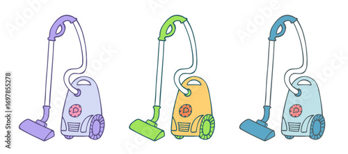 Hand drawn vacuum cleaner of purple, yellow and blue colors isolated on white background. Floor cleaning tool, drawing doodle sketch. Vector clipart or png for household appliance illustration.