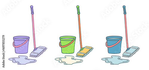 Hand drawn mop and bucket of purple, yellow and blue colors isolated on white background. Floor cleaning tool, drawing doodle sketch. Vector clipart or png for household chores illustration.