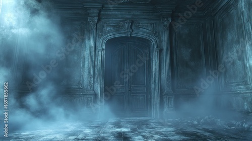 Foggy, antique hall with a large, dark door