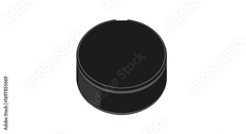 Simple isolated illustration of a solid black hockey puck, showcasing its cylindrical shape and design on a white background