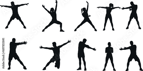 Silhouettes of People Doing Warm-Up and Stretching Exercises – Fitness, Yoga, and Workout Poses Vector Clipart Set
