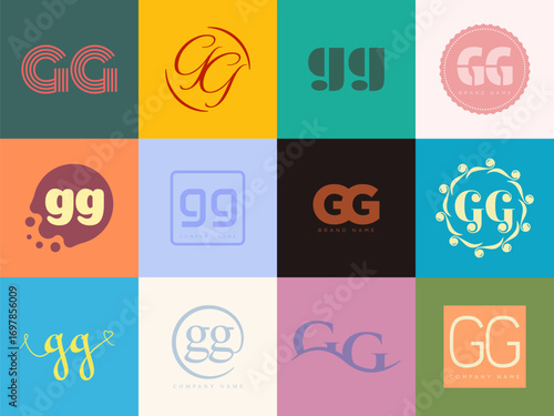 GG logo company template. Letter g and g logotype. Set different classic serif lettering and modern bold text with design elements. Initial font typography.
