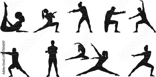 Silhouettes of People Doing Yoga Poses – Stretching, Balance, and Meditation Postures Vector Clipart Set for Wellness