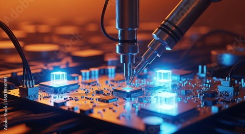Robotic Arm Precisely Assembling Intricate Microchip on Glowing Circuit Board
