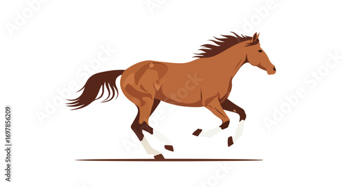 A stylized, animated illustration of a chestnut horse in full gallop against a blank backdrop, expressing equine dynamism and spirited motion
