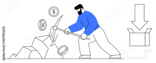 Man using pickaxe to extract currency symbols from rocks, with coins flowing into a box. Ideal for finance, cryptocurrency, mining, investment, technology, economy digital wealth. Simple flat