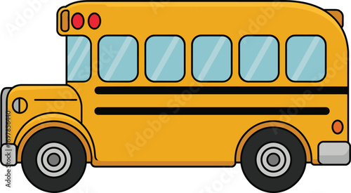 Yellow school bus cartoon, side view, kids transportation vehicle, educational school bus, classic 
