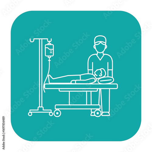 Vector art of medical professional caring for patient on gurney with iv drip