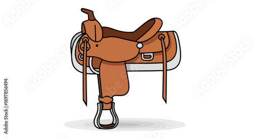 Stylized illustration of a classic western saddle with intricate details and prominent stirrups in soft, earthy tones perfect for showcasing