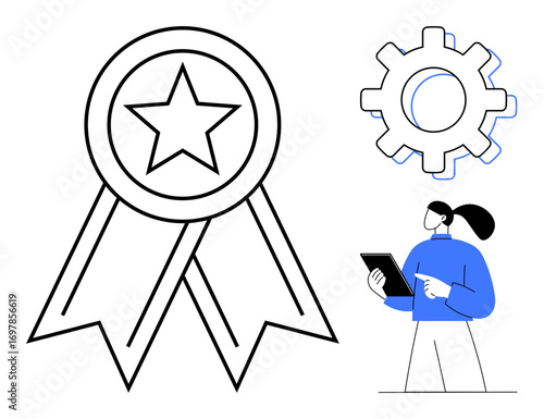 Award badge with a star, gear icon symbolizing innovation, and a woman viewing a tablet. Ideal for business, productivity, technology, success, leadership, teamwork simple landing page