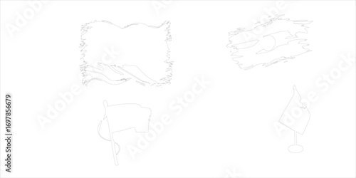 Abstract outline vector set of waving flags, grunge textured banners, and simple line art flag icons isolated on white background, minimal patriotic illustration for design, logo, or graphic decorate