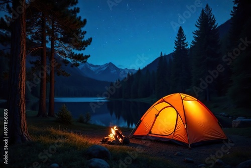 Cozy camping scene at night, warm firelight illuminating a tent and surrounding forest Perfect for travel, adventure, and outdoor lifestyle websites , tranquility, travel, cozy