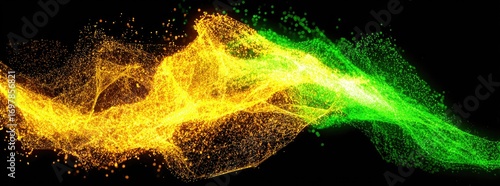 Abstract dynamic streams of yellow and green particles against a black background