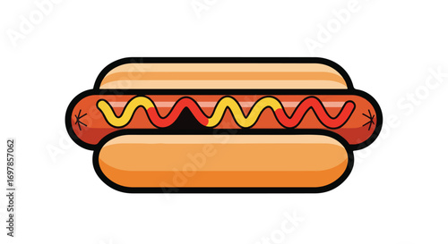 Delicious Hot Dog Illustration with Mustard and Ketchup, Vector Image for Fast Food Promotions and Culinary Designs