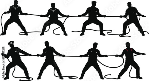 Silhouettes of People Playing Tug of War – Teamwork, Strength, Competition, and Outdoor Sport Vector Clipart Illustration Set