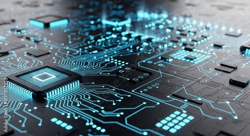 High Tech Circuit Board Glowing with Blue Light, Digital Future