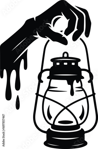 Eerie hand holding dripping lantern, spooky mystery