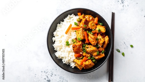 Bowl of stir-fried chicken with rice