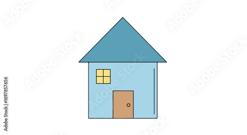 Stylized single-family house with blue roof in simplistic cartoon vector illustration creating a cozy and cheerful minimalist home design concept