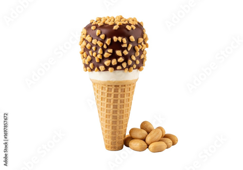Classic drumstick ice cream cone with golden crispy waffle, creamy pale vanilla, glossy dark chocolate, chopped roasted peanuts, and whole peanuts on clean transparent background. Concept for dessert