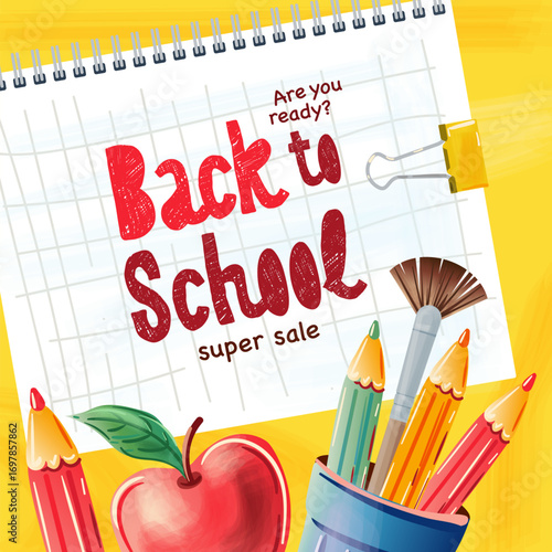 Back to school Sale design. Notebook, pencils, pencil cup, apple, paper located on the background. School and office banner, vector illustration