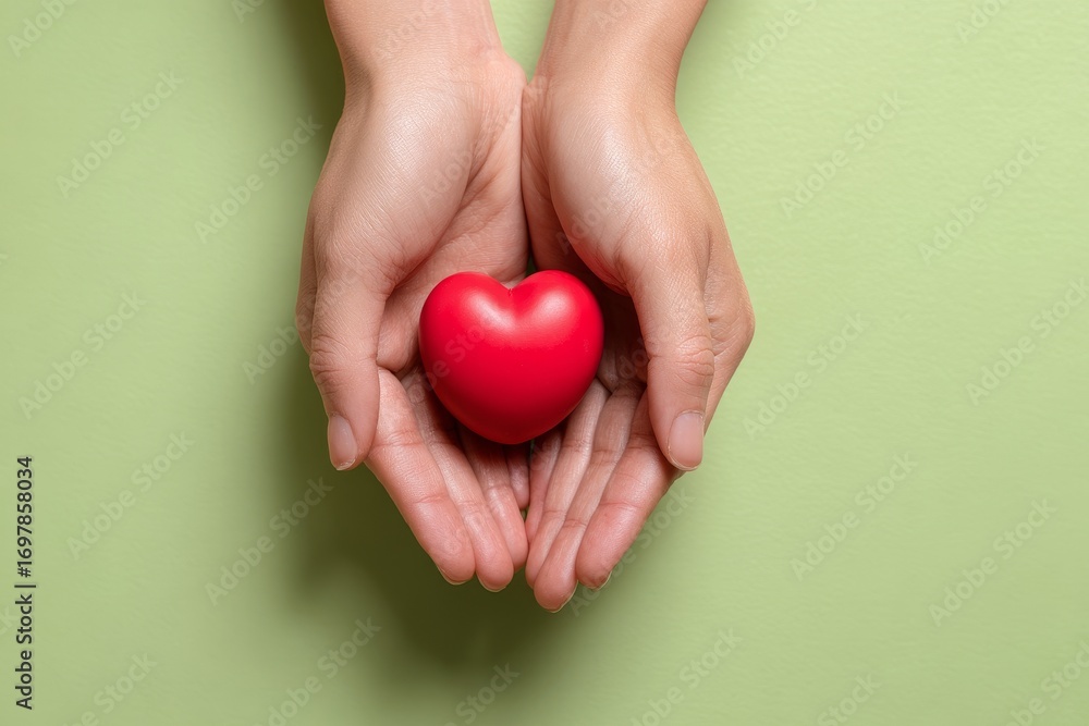 Fototapeta premium A small, vibrant red heart is cradled gently in two hands against a calming, light green backdrop.