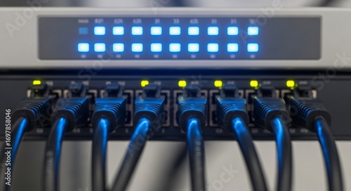 Modern Network Switch with Glowing Blue Lights and Connected Cables