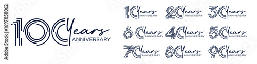 collection anniversary 10 to 100 year logo designs. abstract number for celebration event, wedding, greeting card, and invitation, vector illustration