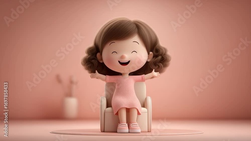 Cartoon little girl smiles to welcome a beautiful day