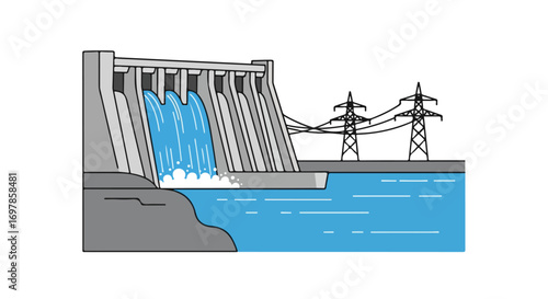Illustrated hydroelectric dam generating renewable energy with power lines transmitting electricity across a tranquil water body