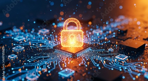 Digital Padlock Protecting Data on Futuristic Circuit Board Network