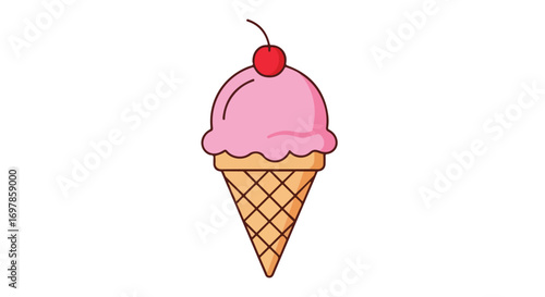 Delightful pink ice cream cone with cherry illustration on a white background