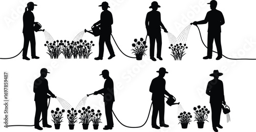 Silhouettes of People Watering Plants and Flowers, Gardening Activities, Outdoor Plant Care, Men and Women with Watering Cans and Hoses