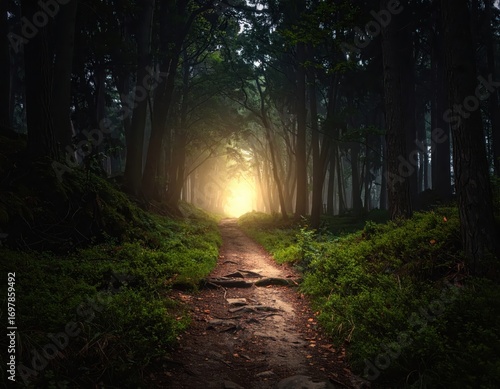 A sunlit path winds through a dense, mystical forest, revealing a radiant, hopeful light at its center.