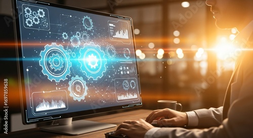 Professional Analyzes Complex Data on Futuristic Digital Interface Screen