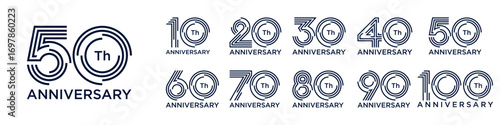 collection anniversary 10 to 100 year logo designs. abstract number for celebration event, wedding, greeting card, and invitation, vector illustration