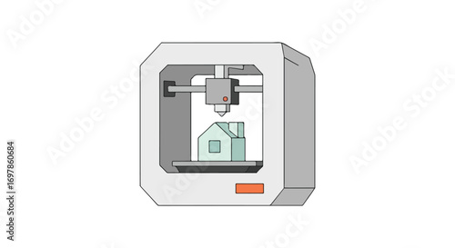 Illustrative 3D printing scene featuring the creation of a miniature stylized house structure design concept