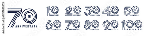 collection anniversary 10 to 100 year logo designs. abstract number for celebration event, wedding, greeting card, and invitation, vector illustration