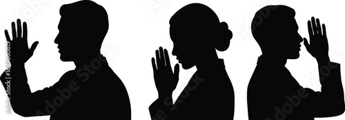 Silhouettes of People Whispering Secrets and Gossiping with Hand Gestures in Profile View, Isolated on White Background for Design