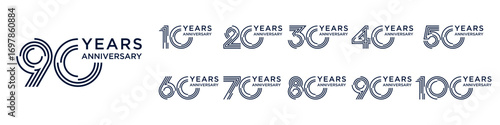 collection anniversary 10 to 100 year logo designs. abstract number for celebration event, wedding, greeting card, and invitation, vector illustration
