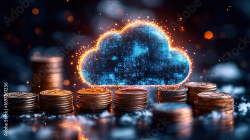Glowing cloud icon over stacks of coins