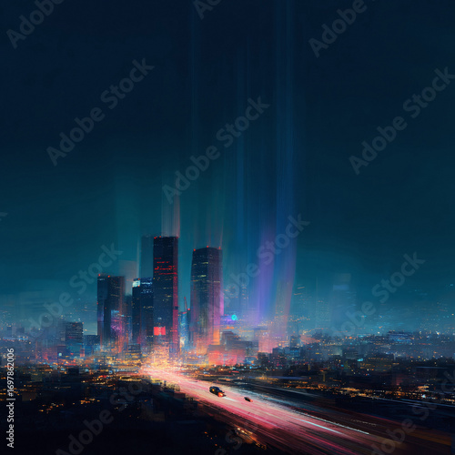 Wallpaper Mural Vibrant cityscape at night. Abstract view of a modern city with blurred lights and motion, suggesting speed and progress. Ideal for futuristic or tech themes. Torontodigital.ca