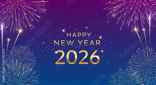 Happy New Year 2026 Celebration with Fireworks on a Gradient Purple Background