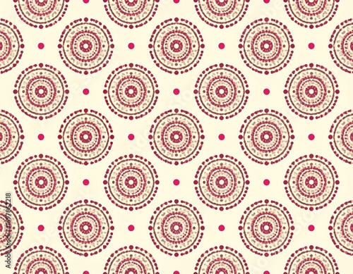 A repeating pattern of concentric circles in shades of burgundy, beige, and cream, dotted with small, vibrant pink circles on a pale cream backdrop.