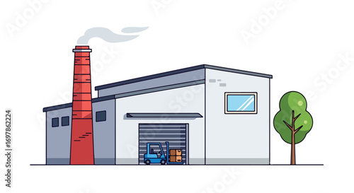 Illustrated Factory Building with Loading Dock and Forklift Ready for Package Distribution or Manufacturing Process Activities