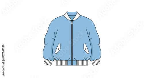 Stylized light blue bomber jacket illustration with white accents, suitable for fashion design and clothing concepts on plain background